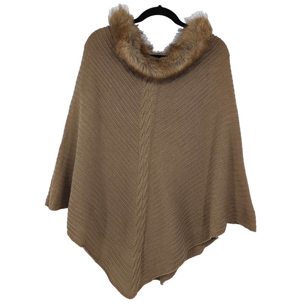 Womens Tan Knit Poncho Faux Fur Collar Cable Detail Asymmetrical Wrap Sweater